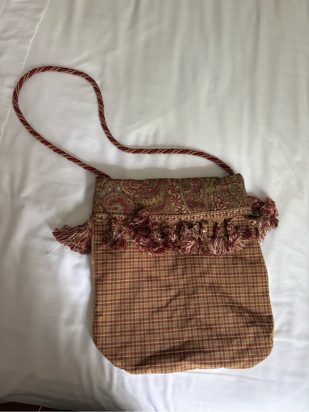 Trendy boutique Plaid and Paisley Tassel Shoulder Bag in Rust and Olive